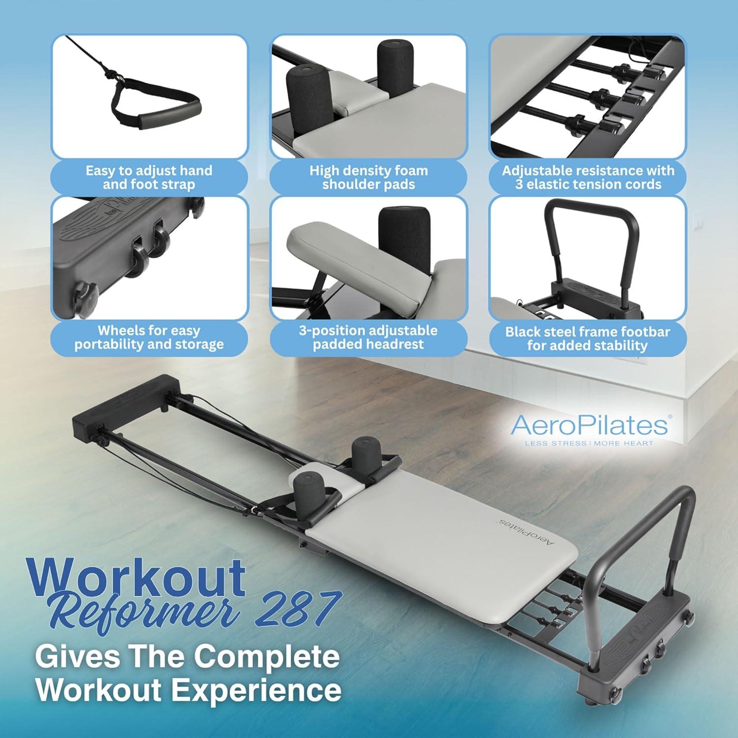 imageStamina Products AeroPilates 287 Pilates Reformer  Home Gym Equipment with Adjustable Headrest Padded Foot Bar 3 Resistance Cords and 2 Workout DVDs