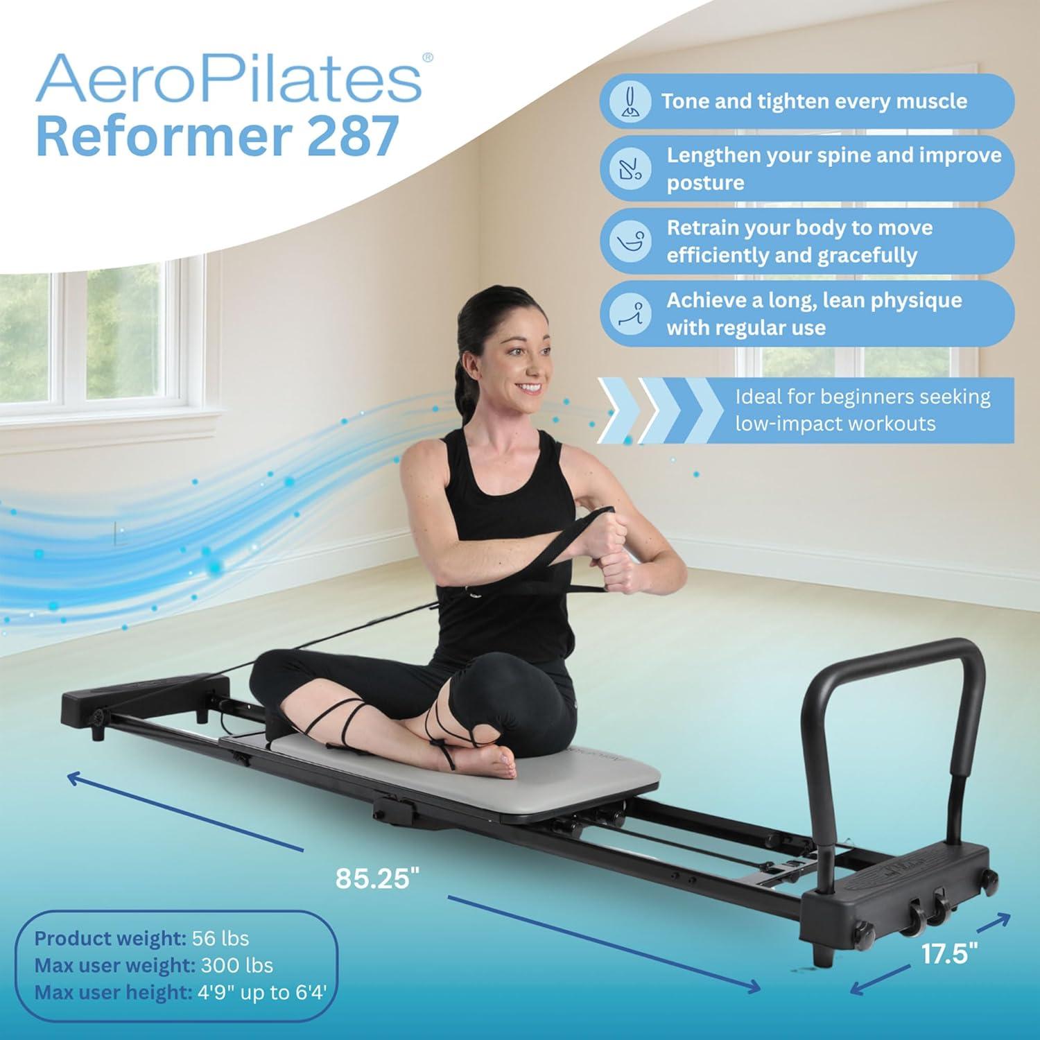 imageStamina Products AeroPilates 287 Pilates Reformer  Home Gym Equipment with Adjustable Headrest Padded Foot Bar 3 Resistance Cords and 2 Workout DVDs