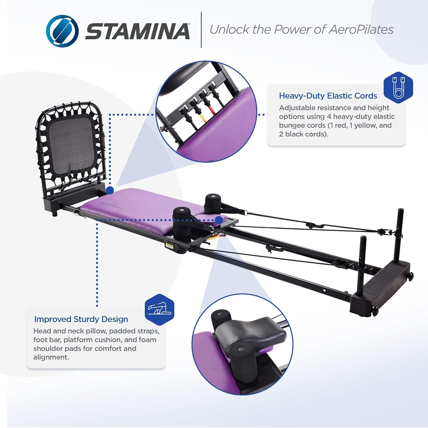 imageStamina Products AeroPilates Reformer Plus 379 Pilates Home Gym Equipment with Cardio Rebounder Padded Foot Bar 4 Resistance Cords and Workout DVDs