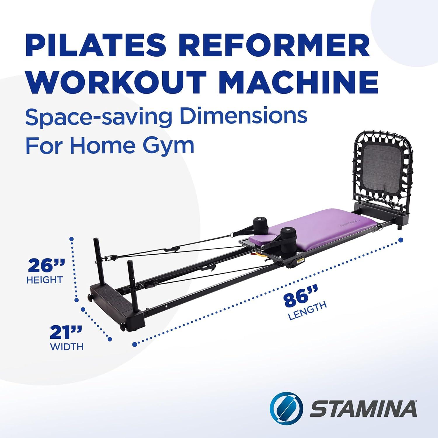 imageStamina Products AeroPilates Reformer Plus 379 Pilates Home Gym Equipment with Cardio Rebounder Padded Foot Bar 4 Resistance Cords and Workout DVDs