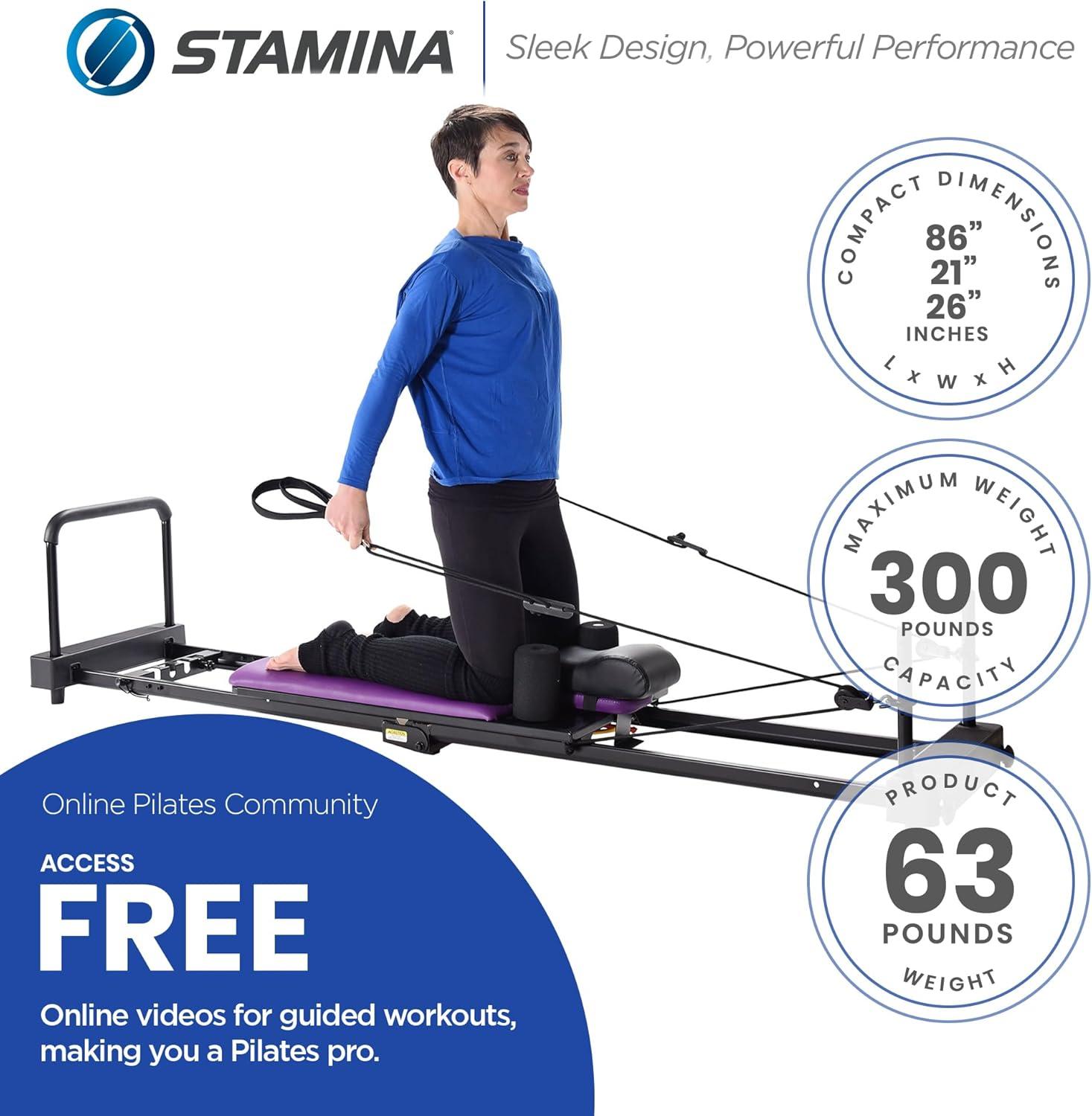 imageStamina Products AeroPilates Reformer Plus 379 Pilates Home Gym Equipment with Cardio Rebounder Padded Foot Bar 4 Resistance Cords and Workout DVDs